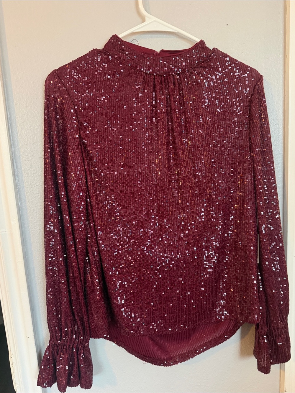 CeCe Burgundy Sequin Mock-Neck Long Sleeve Blouse